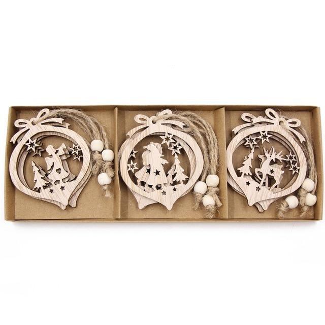 Vintage Wooden Pendants Ornaments Christmas Tree Decorations -12pcs in Box The GoatFind Box-Bow Style 