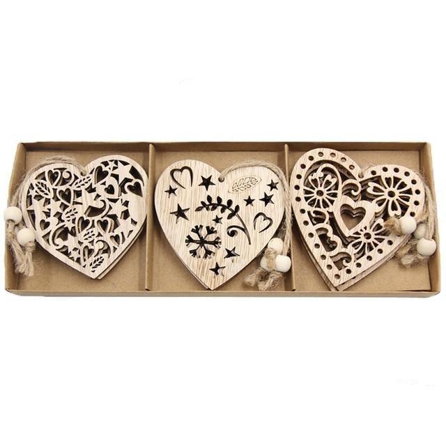 Vintage Wooden Pendants Ornaments Christmas Tree Decorations -12pcs in Box The GoatFind Box-Heart Style 