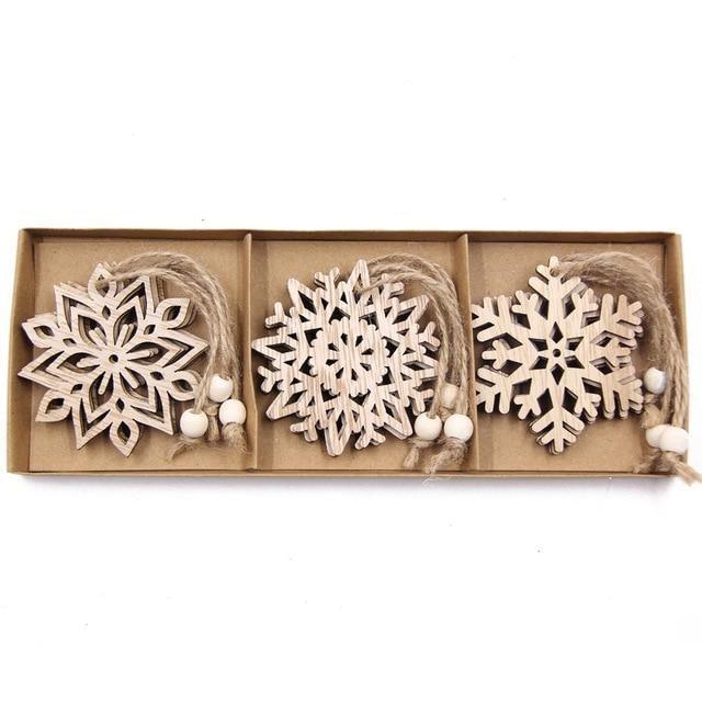 Vintage Wooden Pendants Ornaments Christmas Tree Decorations -12pcs in Box The GoatFind Box-Snowflake D 