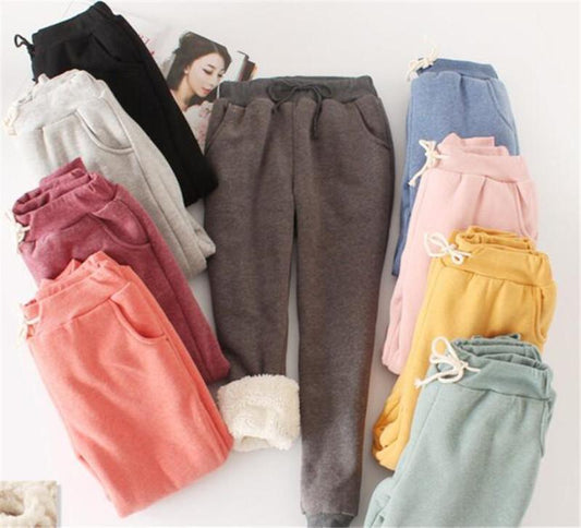 Womens Winter Thick Cashmere Track Pants/Loose Long Fur Inside Trousers - The GoatFind