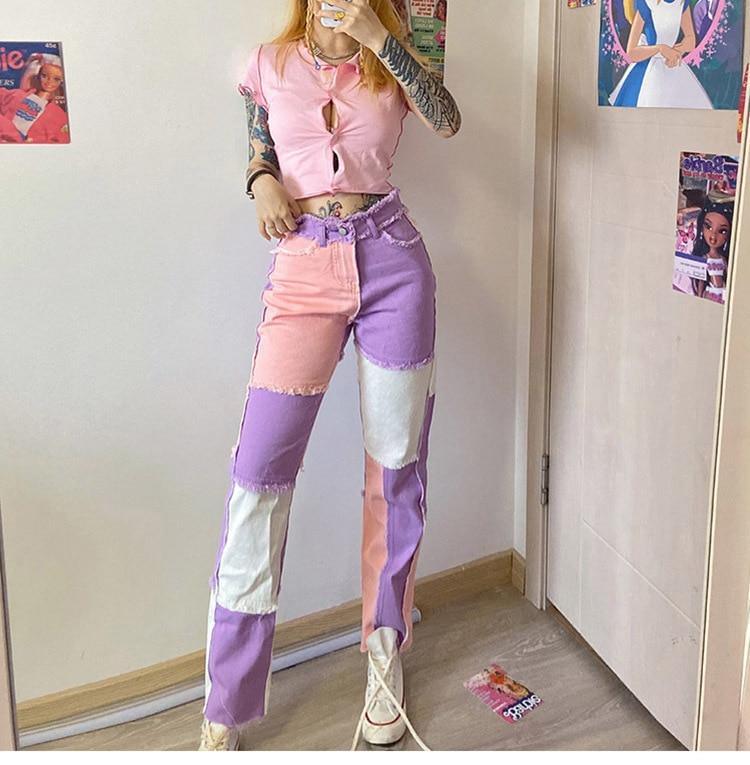Womens Denim Patchwork Streetwear High Waisted Fly Straight Loose Jeans Pants The GoatFind Pink Patchwork Jeans XS - Waist 24.8 inch 