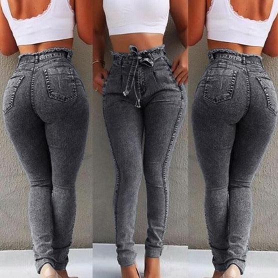 Womens High Waist Slim Skinny Denim Jeans/with belt Bandage Strechable Push Up The G.O.A.T. Find black gray S 