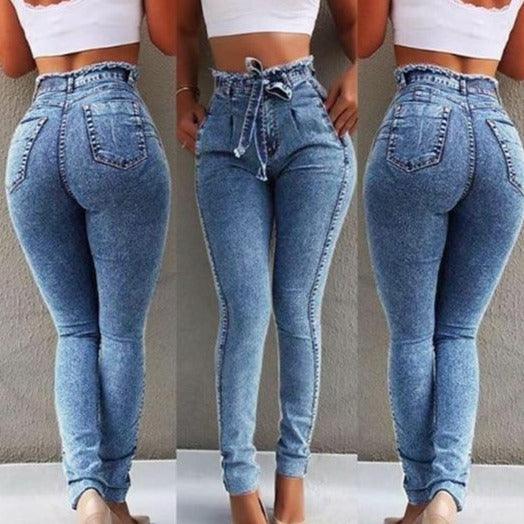Womens High Waist Slim Skinny Denim Jeans/with belt Bandage Strechable Push Up The G.O.A.T. Find light blue S 